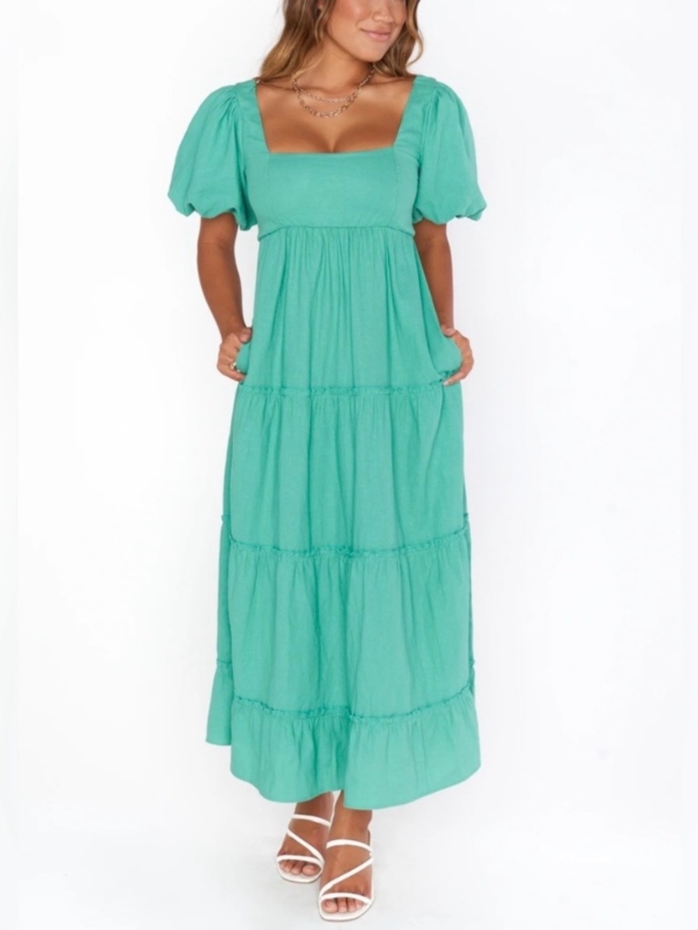 Show Me Your Mumu Tiered Maxi Dress Women's Small Linen Blend Made in USA Teal